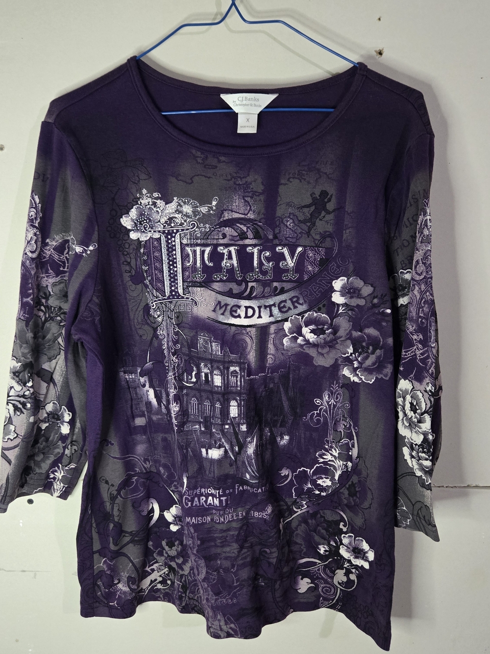CJ Banks Vintage Y2K Purple Italy Mediterraneo Graphic Top 3/4 Sleeve Plus Size